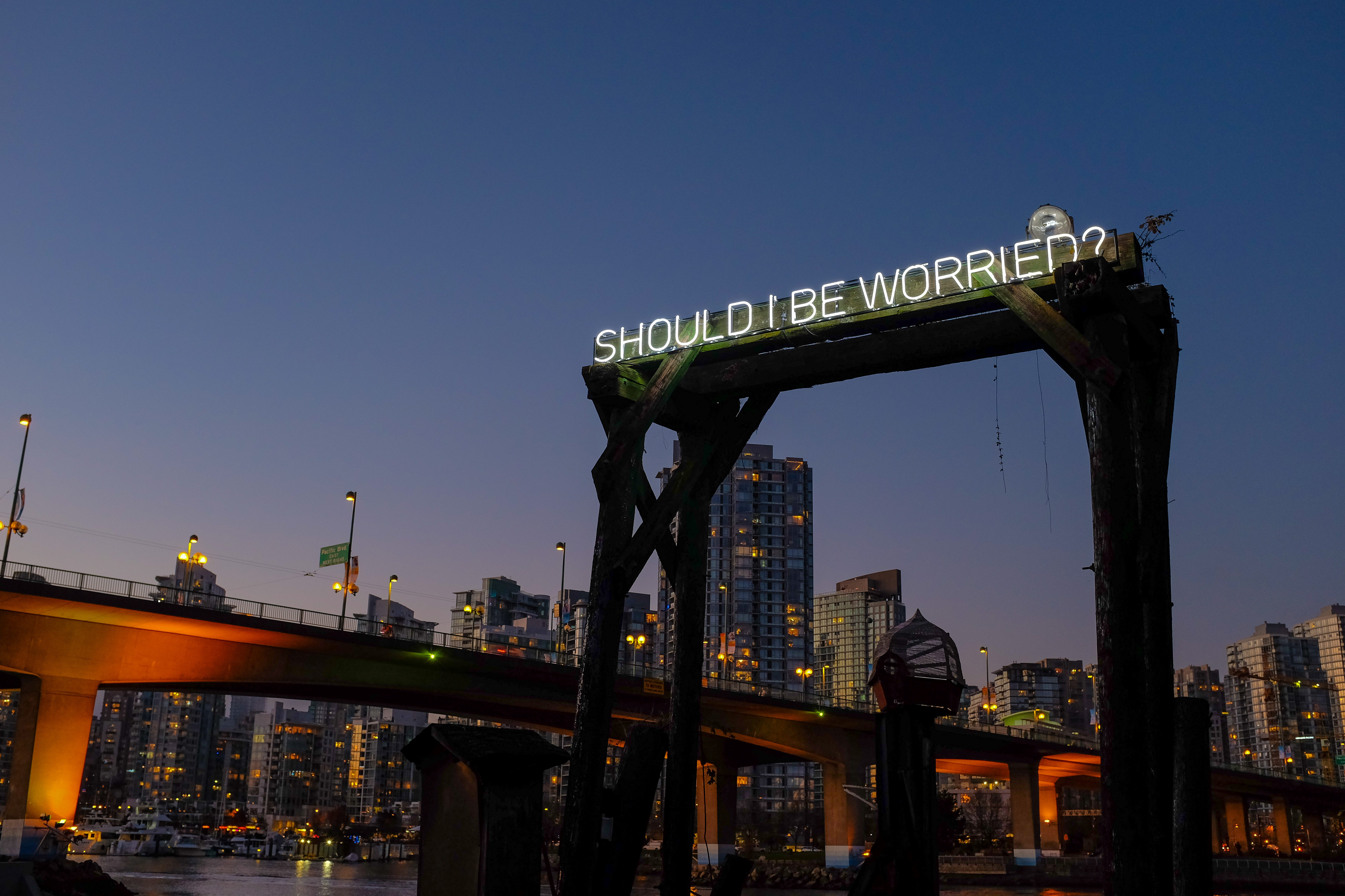 Should I Be Worried - Neon Sign installed along False Creek in Vancouver